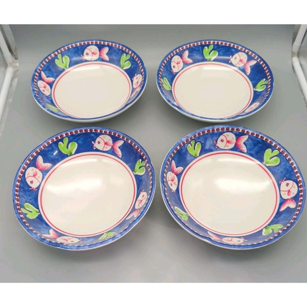 Vietri Melamine Campagna Pasta Bowls 4 Pesce Blue Fish Tropical New